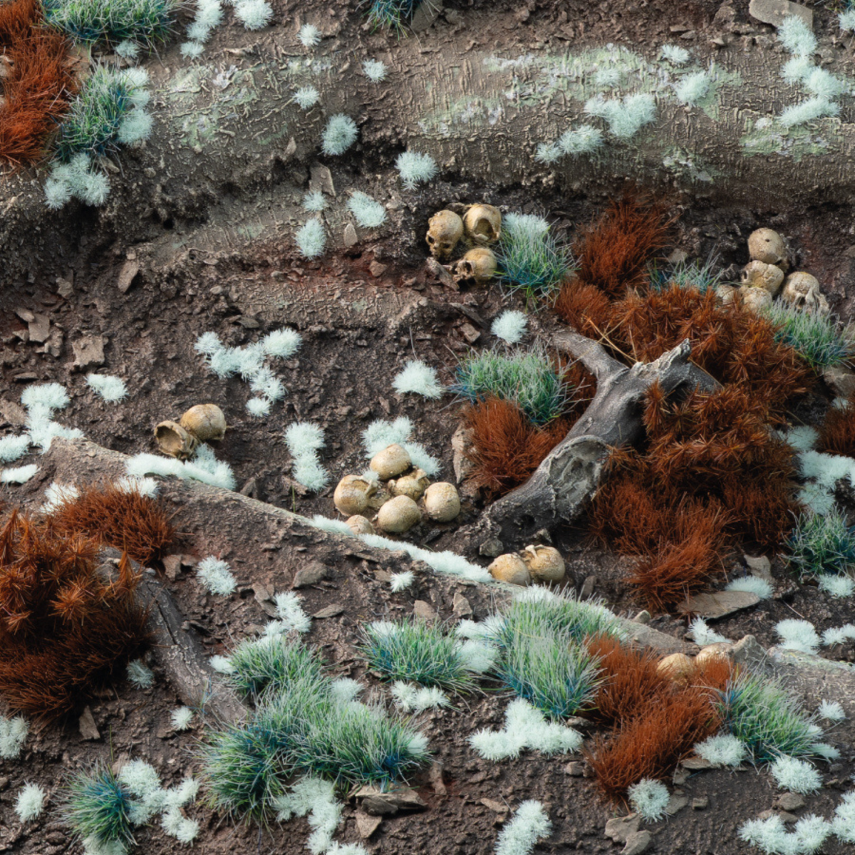Miniature landscape with small trees and rocks on a textured surface