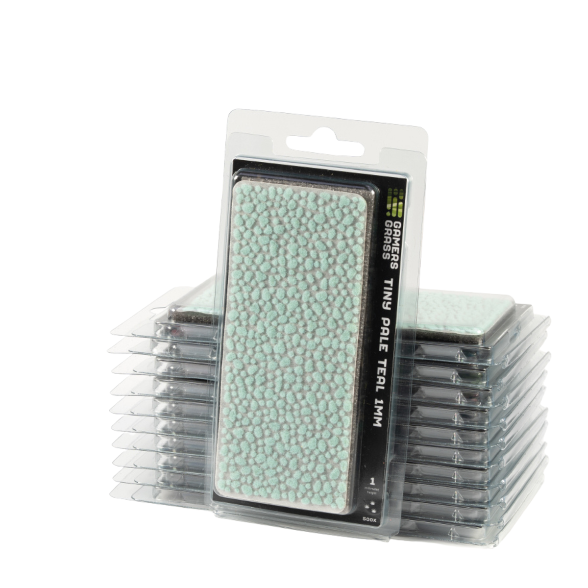 A pack of miniature foam brush bristles in mint green, shown in a clear blister pack with a black backing card, with additional packs stacked behind it on a white background.