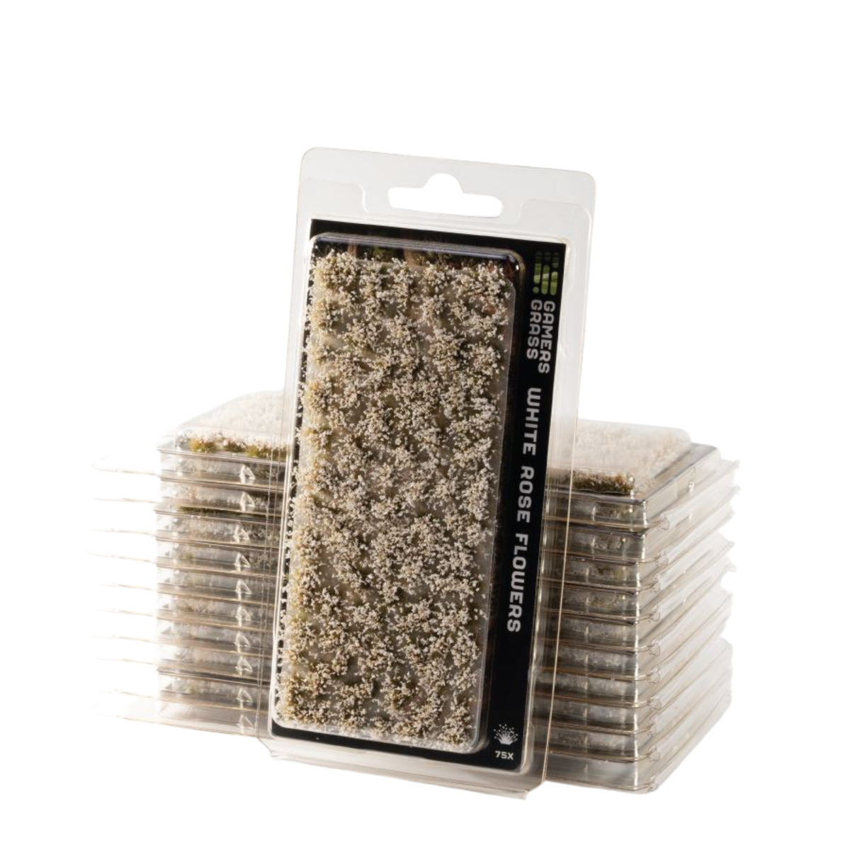 Packaged white rose flowers in a clear plastic blister pack with a black label, shown in front of stacks of similar flower packs on a white background.