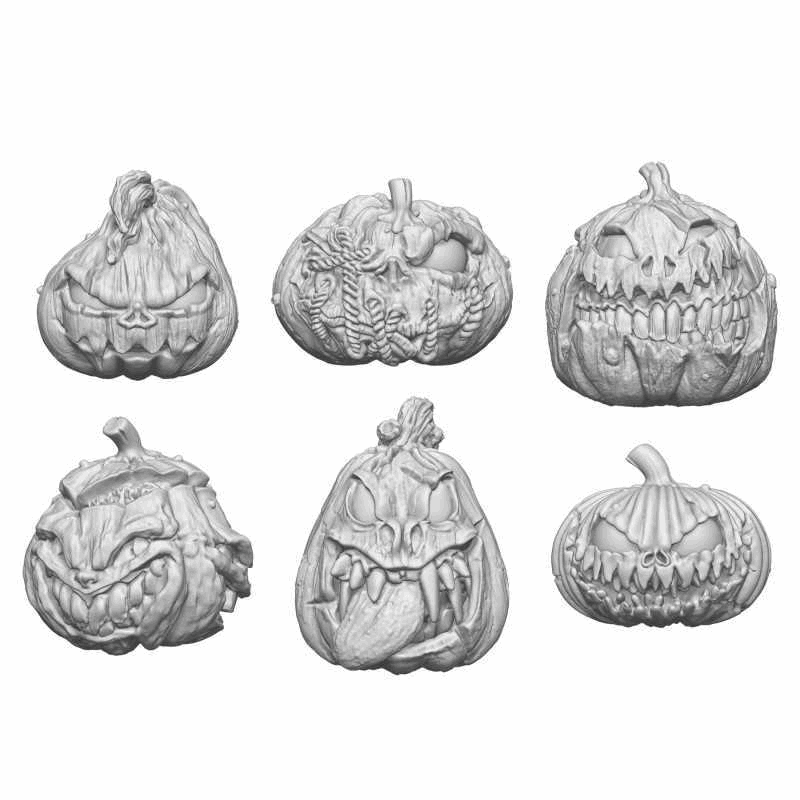 Set of six pre-carved pumpkin templates with various designs on a white background