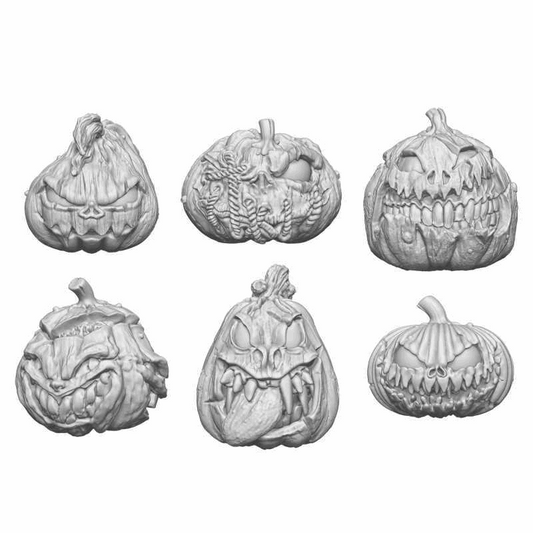 Set of six pre-carved pumpkin templates with various designs on a white background