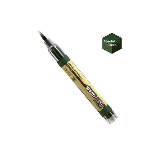 Speed Paint pen with 'Absolution Green' on a white background