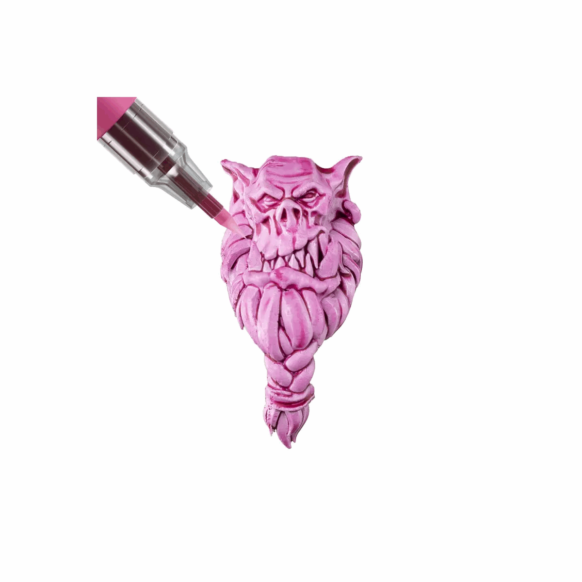 A pink painted Orc head 