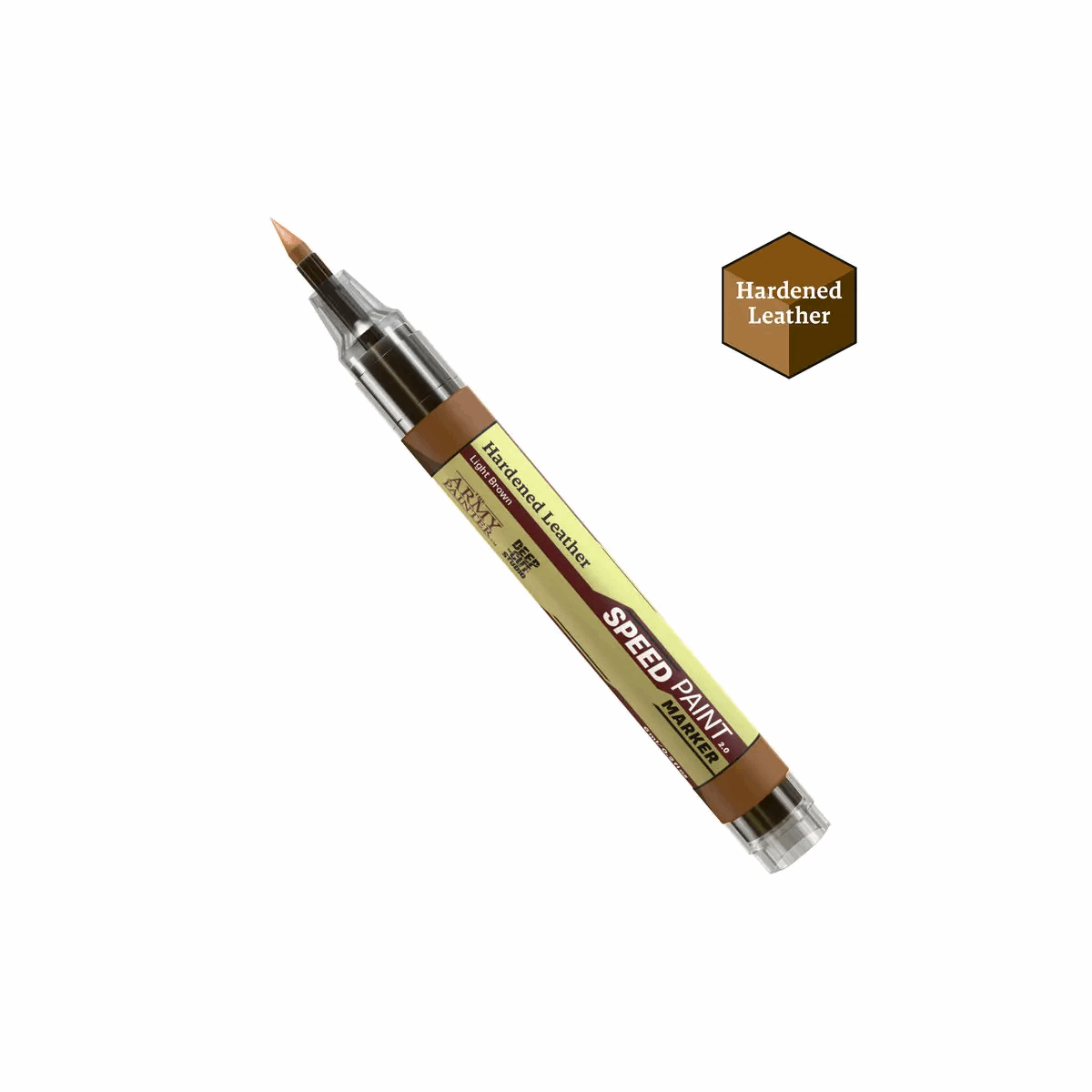 Speed paint pen with 'Hardened Leather' color swatch on a white background