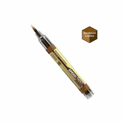 Speed paint pen with 'Hardened Leather' color swatch on a white background