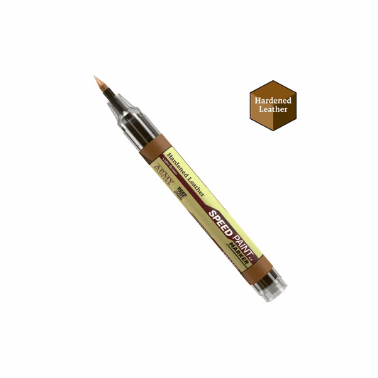 Speed paint pen with 'Hardened Leather' color swatch on a white background