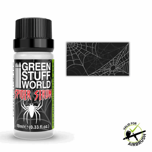 Bottle of Green Stuff World Spider Serum with spider web design on label