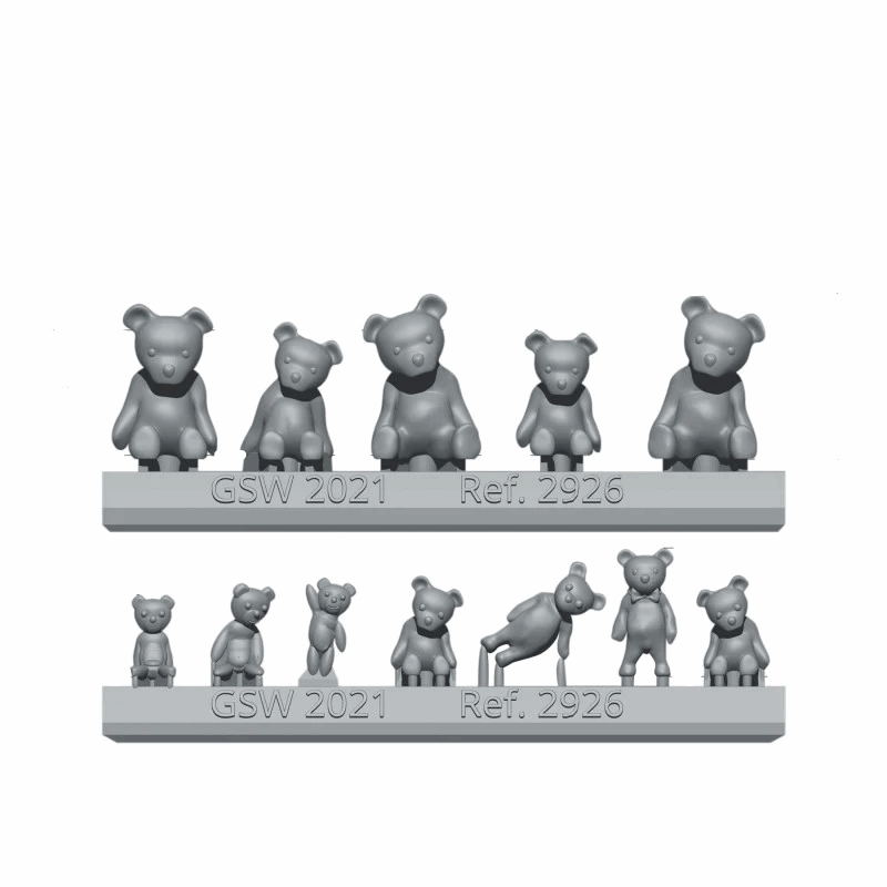 Resin teddy bear mold by Green Stuff World with size measurements and branding.