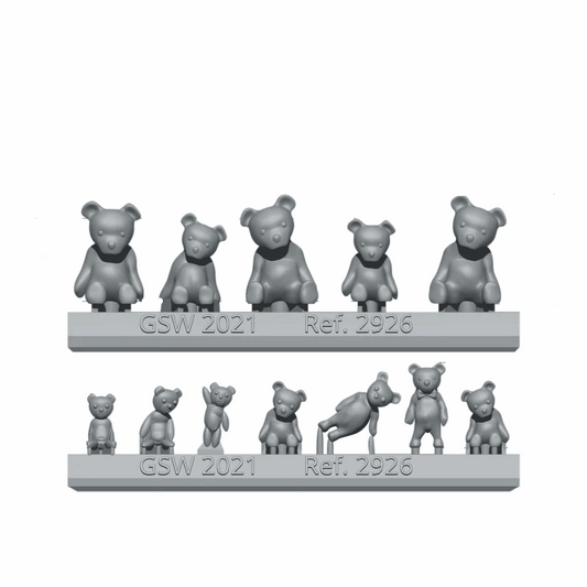 Resin teddy bear mold by Green Stuff World with size measurements and branding.