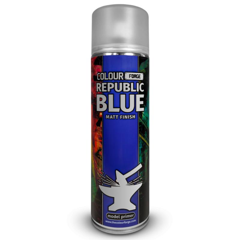 Spray paint can labeled 'Republic Blue' by Colour Forge on a white background