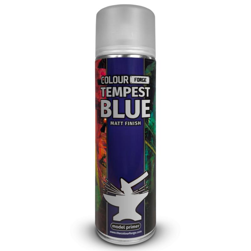 Spray paint can labeled 'Tempest Blue' by Colour Forge on a white background