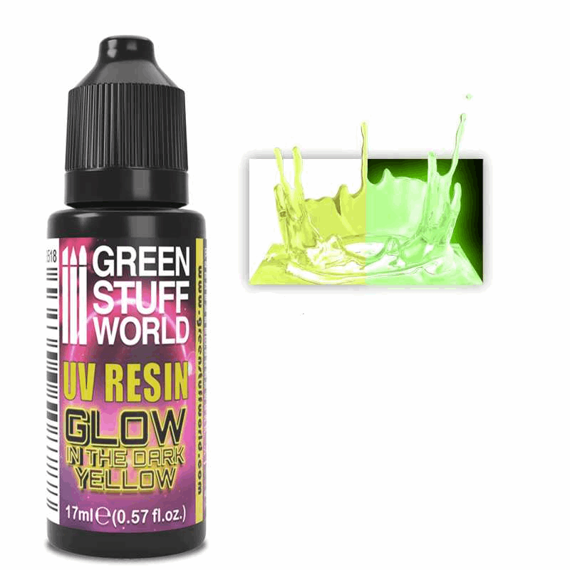 Bottle of Green Stuff World UV Resin Glow in the Dark Yellow with a splash graphic and product details.