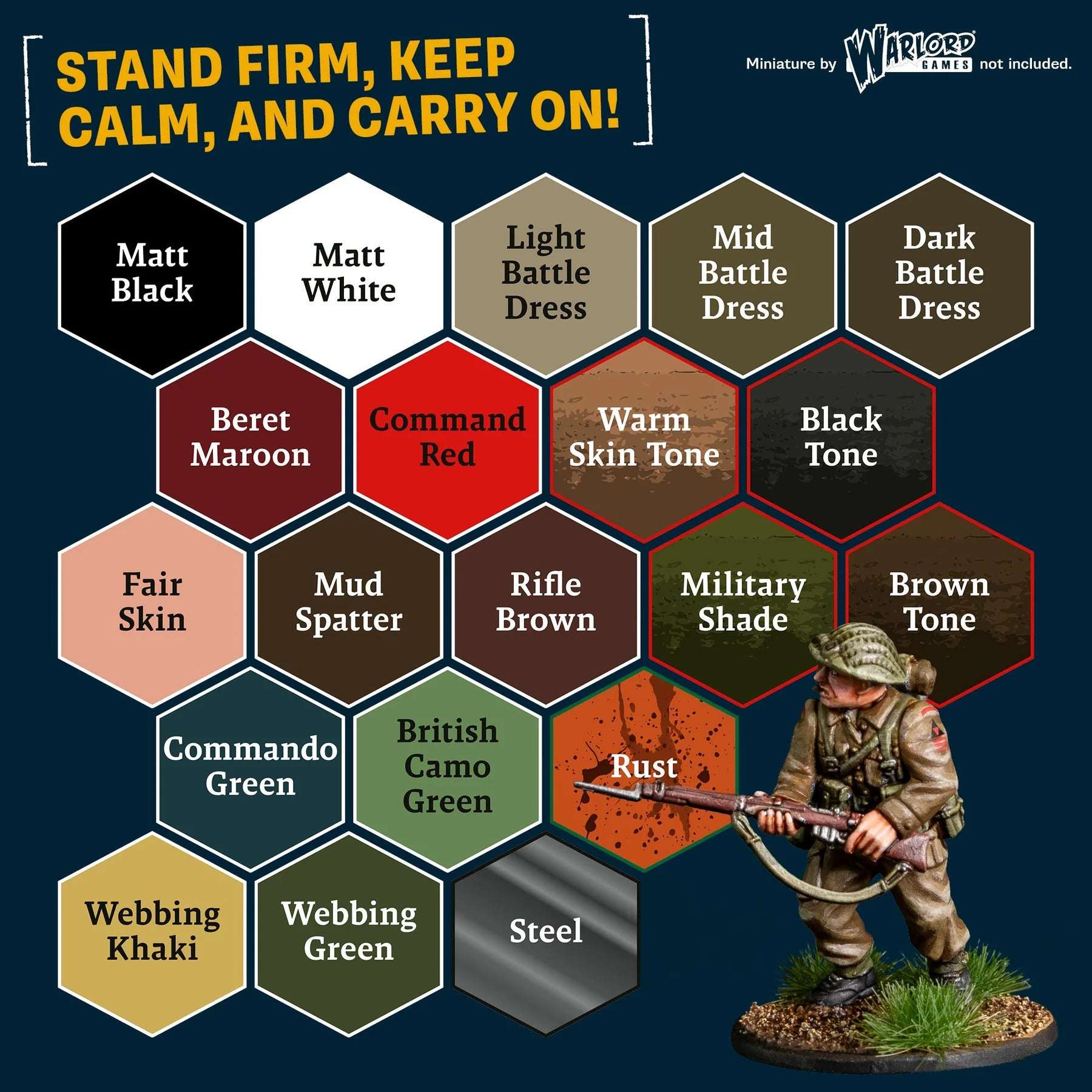 Color chart with hexagonal color swatches and a miniature figure on a dark blue background.