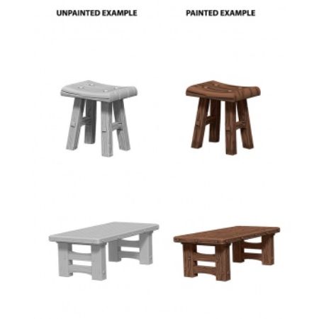WizKids Deep Cuts Unpainted Miniatures - Wooden Table & Stools